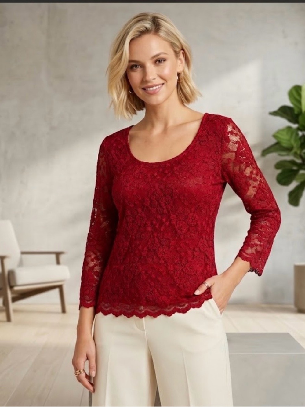 🔴 Red Lace Scoop-Neck Long Sleeve Top